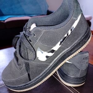 Nike Af1 black suede with black white & grey camo swoosh. Youth size 5.5